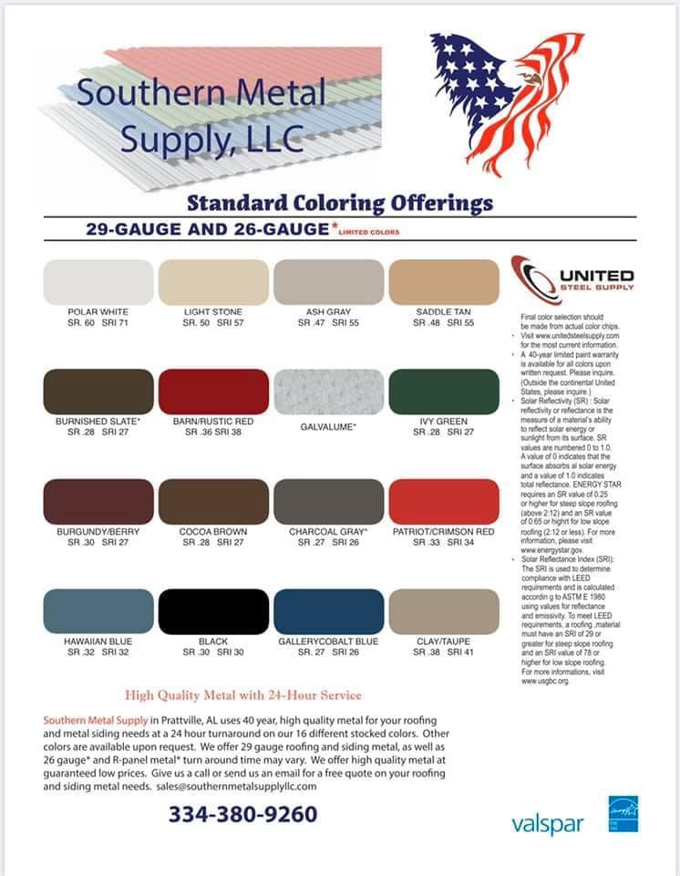 Southern Metal Roof Supplies Color Chart